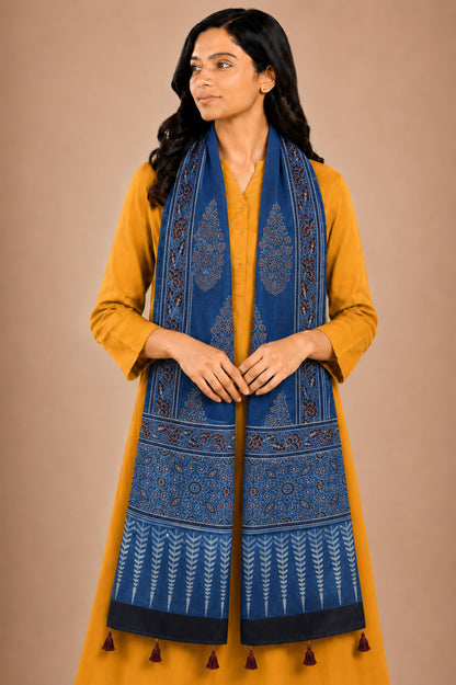 Ajrakh Mashru Silk Natural Dye Hand Block Print Stole With Tassels - 2 Mtr Length   -  SKU : AI0770AN