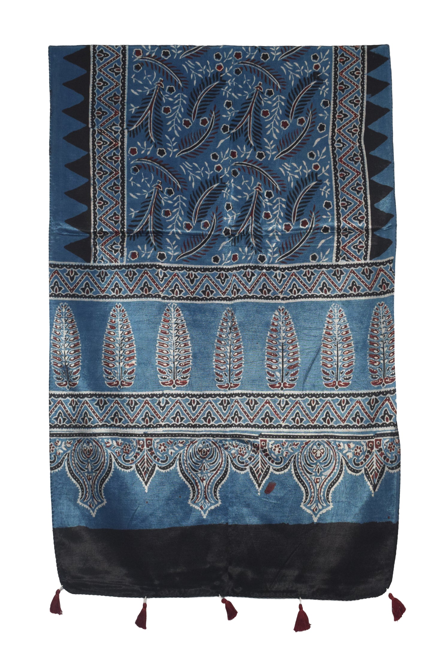 Ajrakh Mashru Silk Natural Dye Hand Block Print Stole With Tassels - 2 Mtr Length   -  SKU : AI0770AT