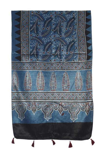 Ajrakh Mashru Silk Natural Dye Hand Block Print Stole With Tassels - 2 Mtr Length   -  SKU : AI0770AT