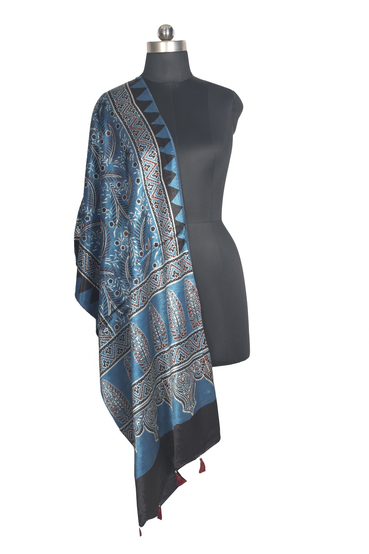 Ajrakh Mashru Silk Natural Dye Hand Block Print Stole With Tassels - 2 Mtr Length   -  SKU : AI0770AT
