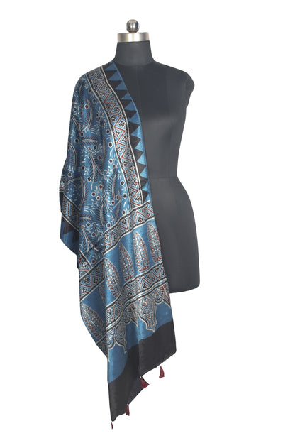 Ajrakh Mashru Silk Natural Dye Hand Block Print Stole With Tassels - 2 Mtr Length   -  SKU : AI0770AT