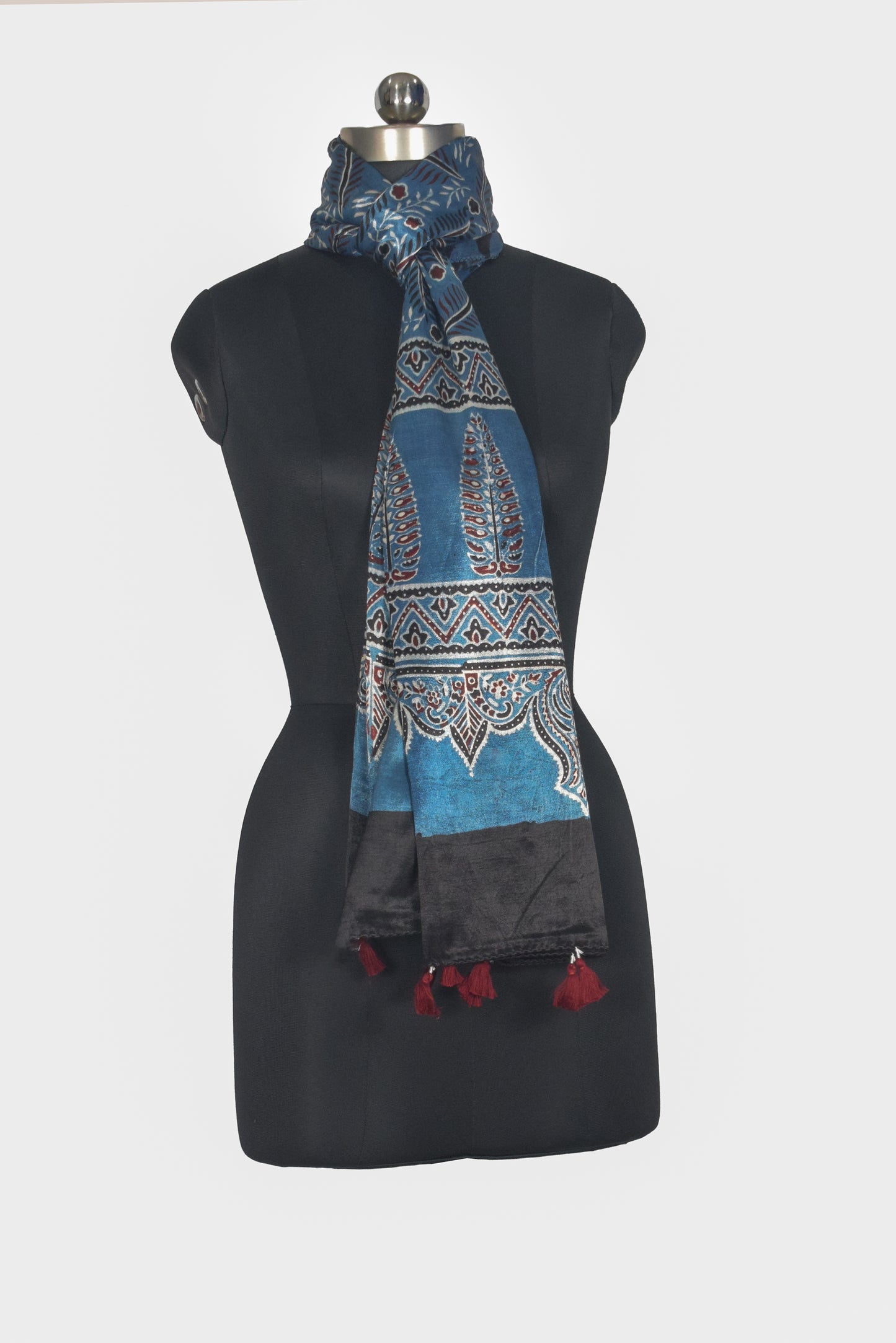 Ajrakh Mashru Silk Natural Dye Hand Block Print Stole With Tassels - 2 Mtr Length   -  SKU : AI0770AT
