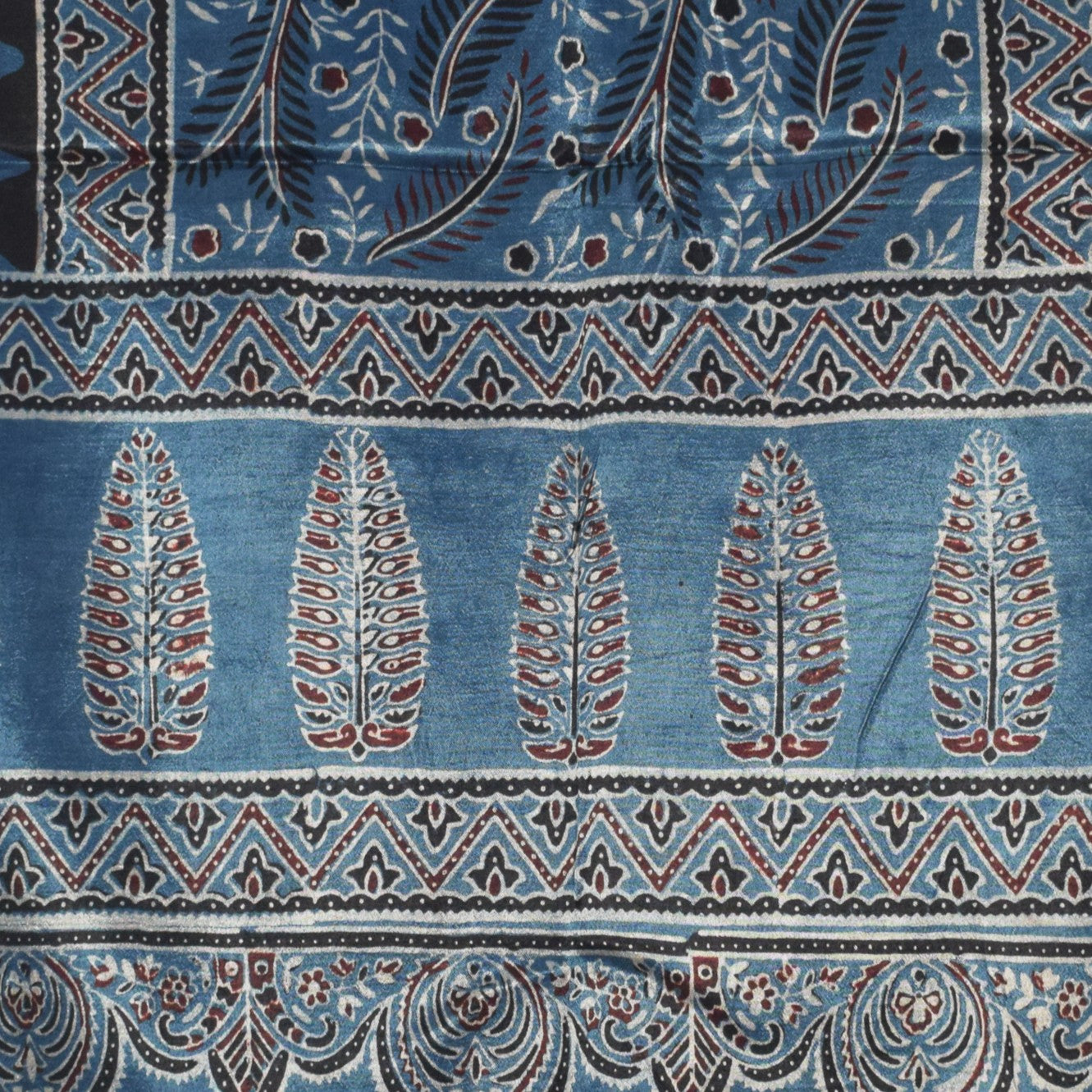 Ajrakh Mashru Silk Natural Dye Hand Block Print Stole With Tassels - 2 Mtr Length   -  SKU : AI0770AT