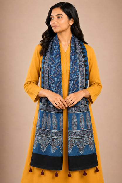 Ajrakh Mashru Silk Natural Dye Hand Block Print Stole With Tassels - 2 Mtr Length   -  SKU : AI0770AT