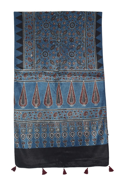 Ajrakh Mashru Silk Natural Dye Hand Block Print Stole With Tassels - 2 Mtr Length   -  SKU : AI0770AZ