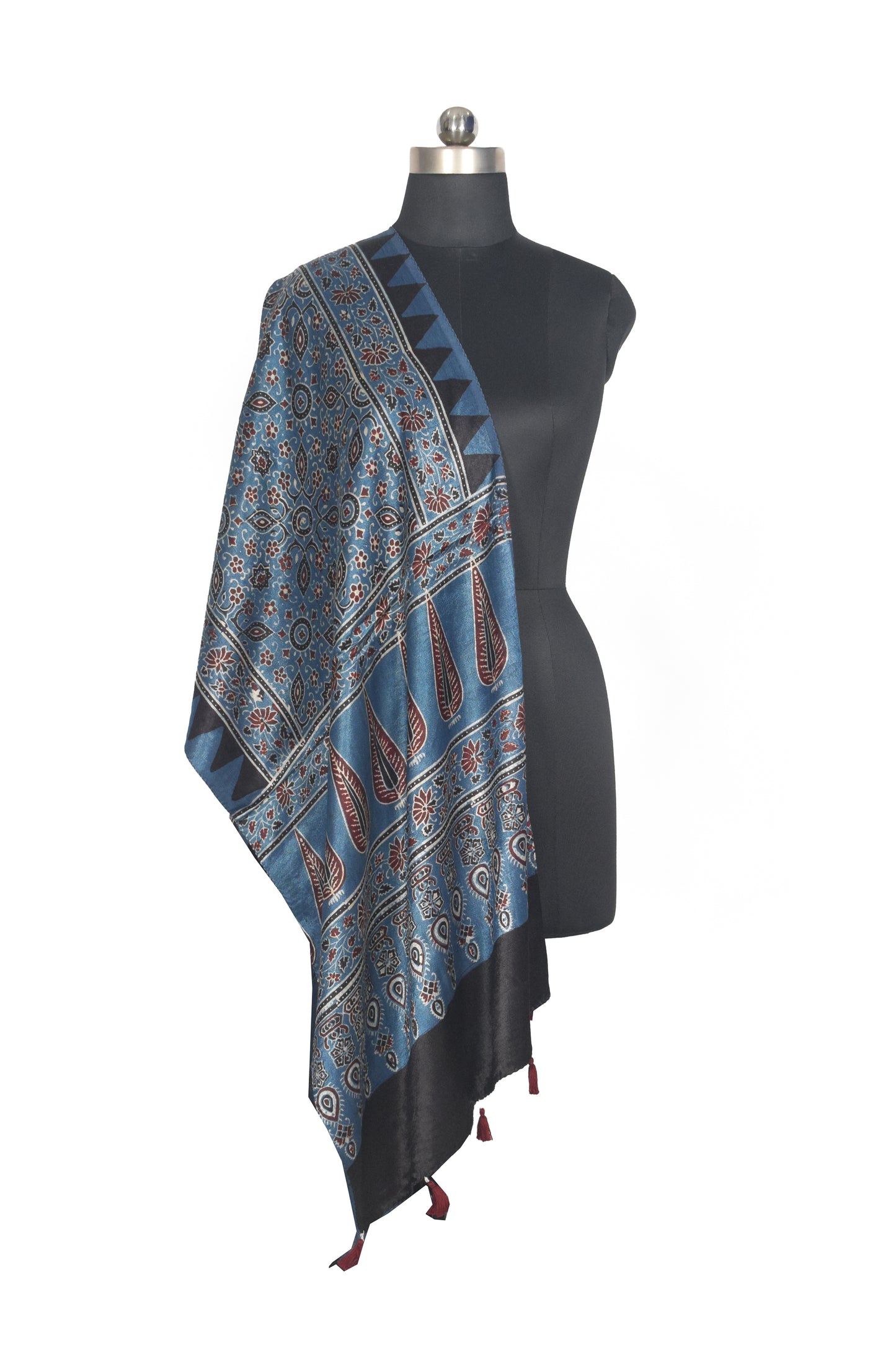 Ajrakh Mashru Silk Natural Dye Hand Block Print Stole With Tassels - 2 Mtr Length   -  SKU : AI0770AZ