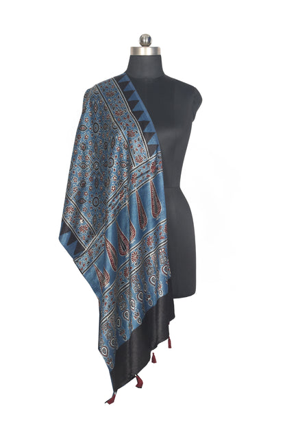 Ajrakh Mashru Silk Natural Dye Hand Block Print Stole With Tassels - 2 Mtr Length   -  SKU : AI0770AZ