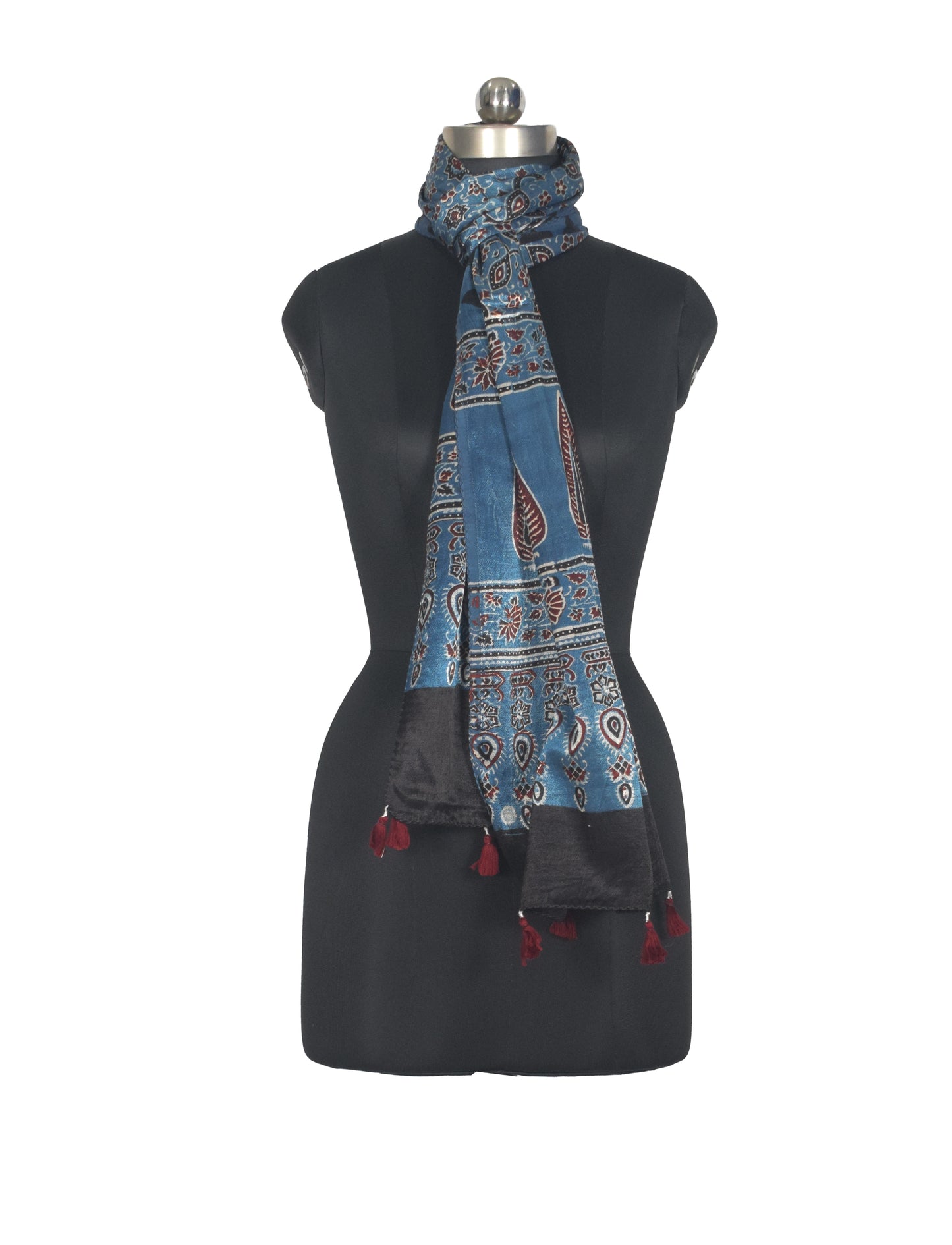 Ajrakh Mashru Silk Natural Dye Hand Block Print Stole With Tassels - 2 Mtr Length   -  SKU : AI0770AZ