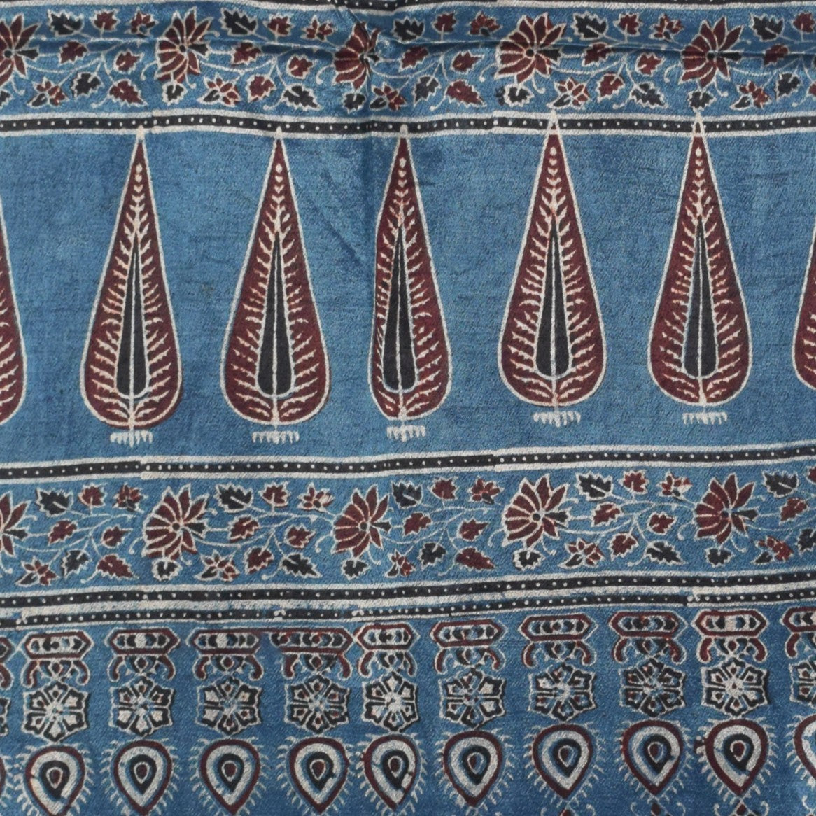 Ajrakh Mashru Silk Natural Dye Hand Block Print Stole With Tassels - 2 Mtr Length   -  SKU : AI0770AZ