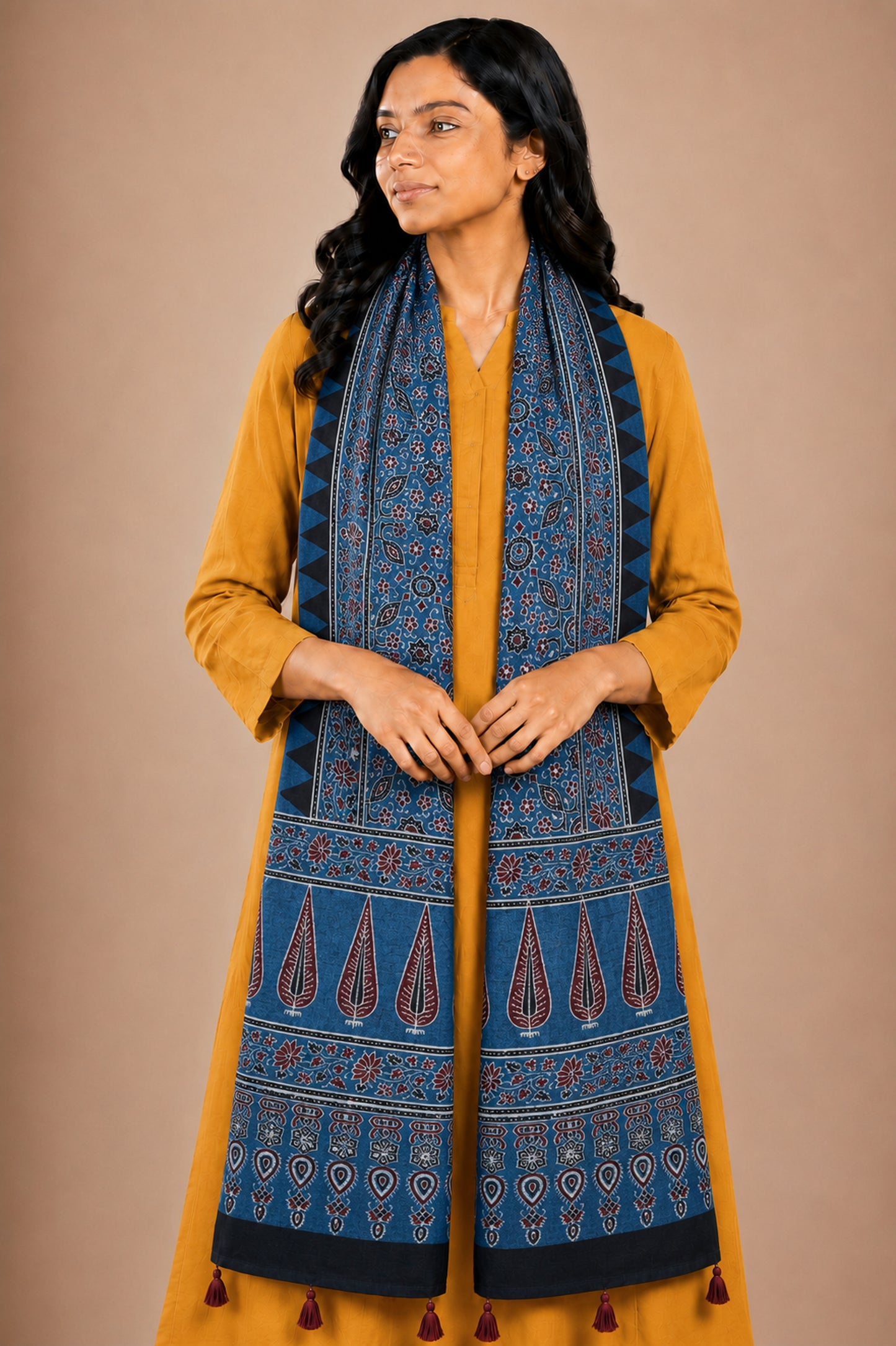 Ajrakh Mashru Silk Natural Dye Hand Block Print Stole With Tassels - 2 Mtr Length   -  SKU : AI0770AZ