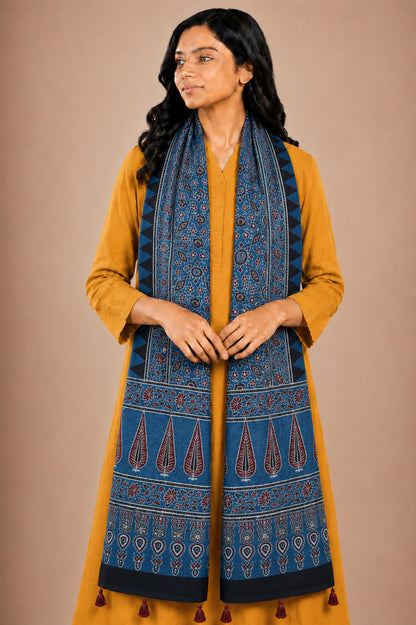 Ajrakh Mashru Silk Natural Dye Hand Block Print Stole With Tassels - 2 Mtr Length   -  SKU : AI0770AZ