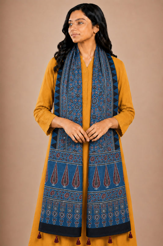 Ajrakh Mashru Silk Natural Dye Hand Block Print Stole With Tassels - 2 Mtr Length   -  SKU : AI0770AZ
