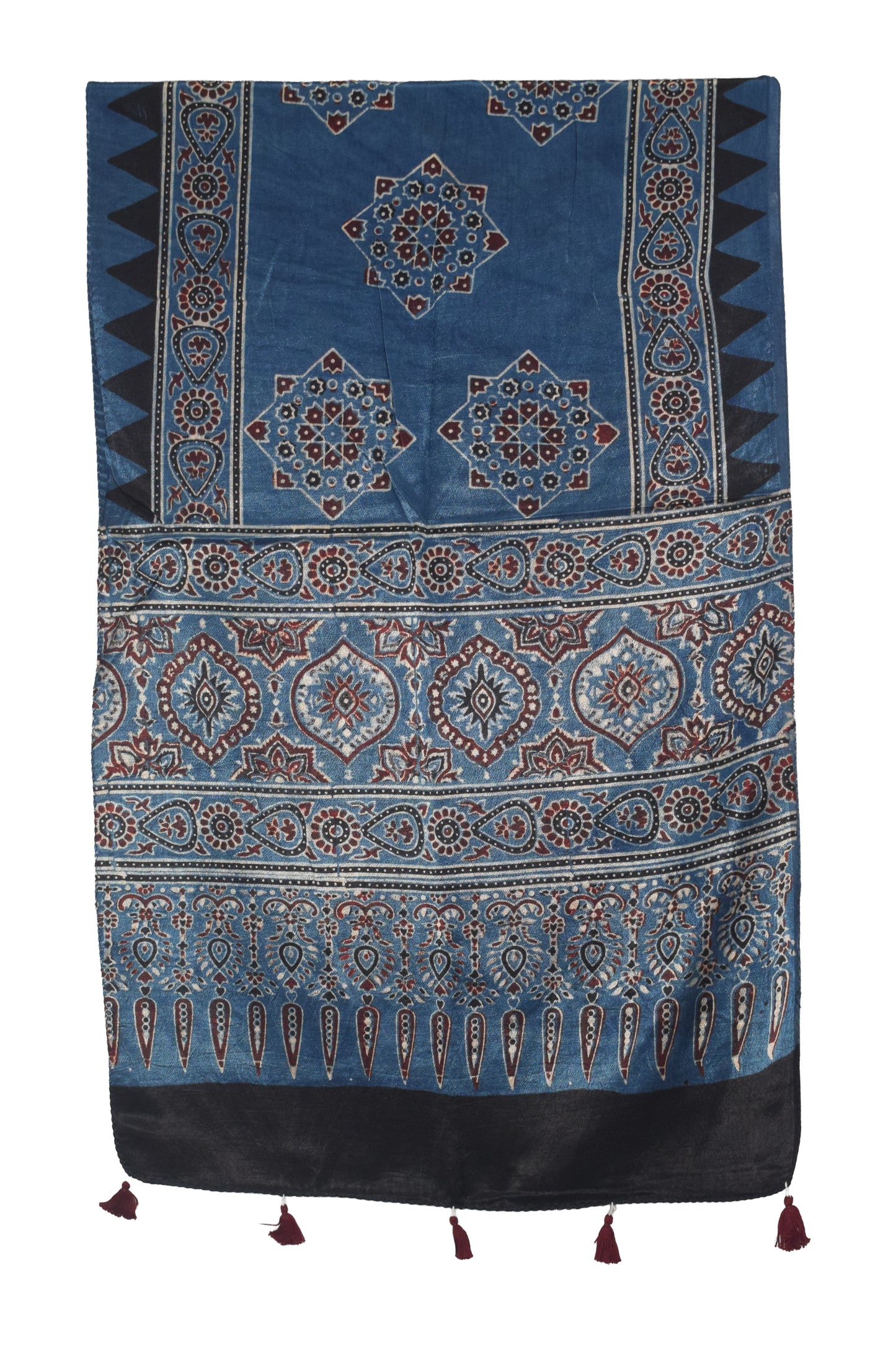 Ajrakh Mashru Silk Natural Dye Hand Block Print Stole With Tassels - 2 Mtr Length   -  SKU : AI0770BD