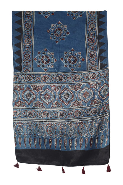 Ajrakh Mashru Silk Natural Dye Hand Block Print Stole With Tassels - 2 Mtr Length   -  SKU : AI0770BD