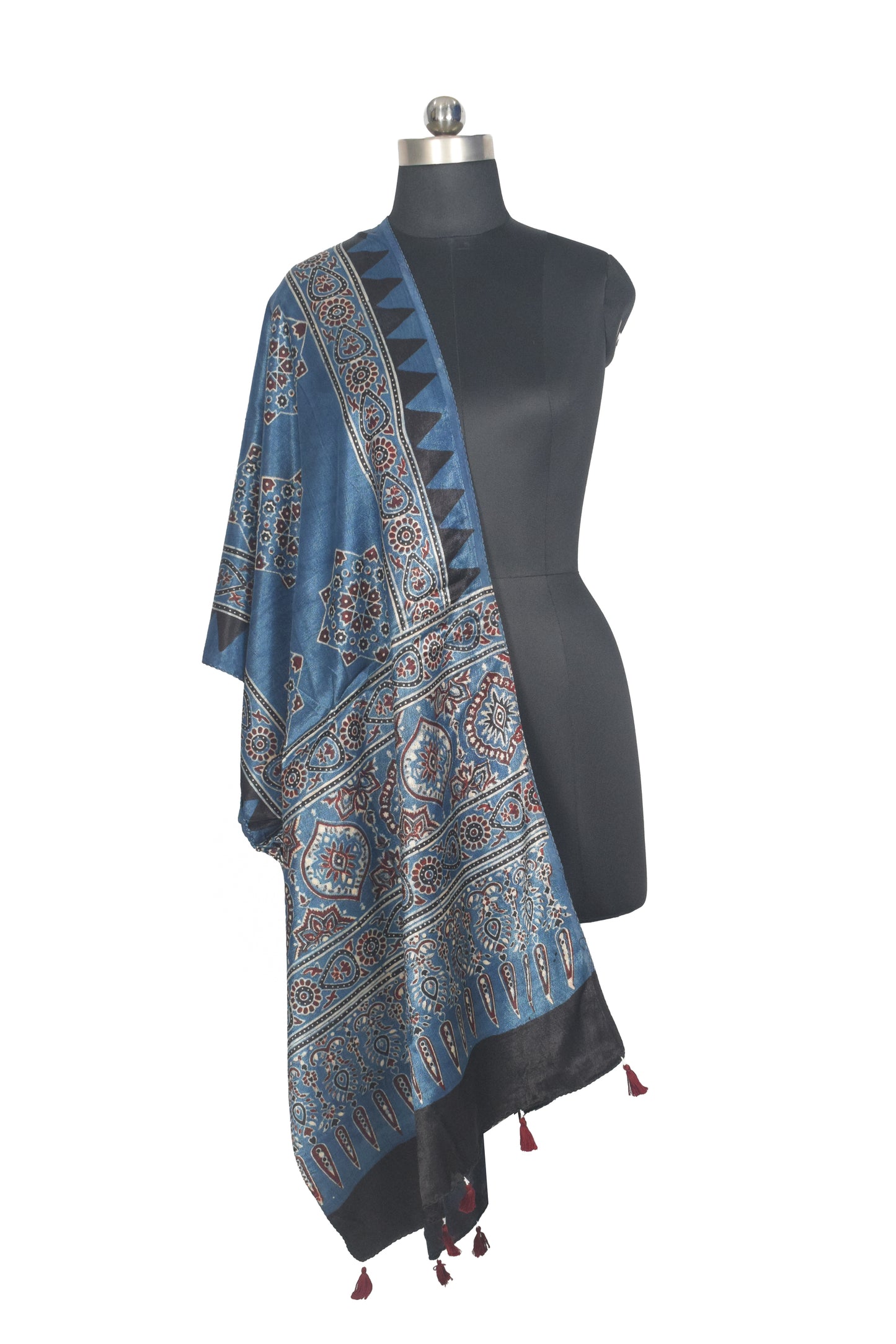 Ajrakh Mashru Silk Natural Dye Hand Block Print Stole With Tassels - 2 Mtr Length   -  SKU : AI0770BD