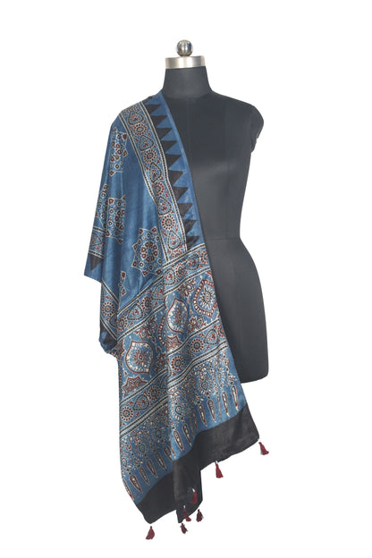 Ajrakh Mashru Silk Natural Dye Hand Block Print Stole With Tassels - 2 Mtr Length   -  SKU : AI0770BD