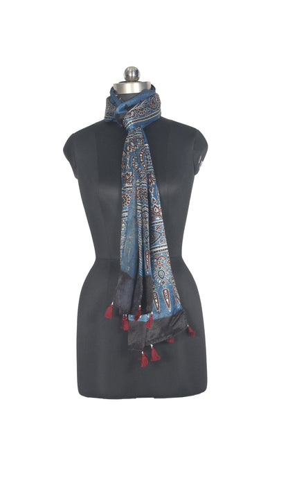 Ajrakh Mashru Silk Natural Dye Hand Block Print Stole With Tassels - 2 Mtr Length   -  SKU : AI0770BD