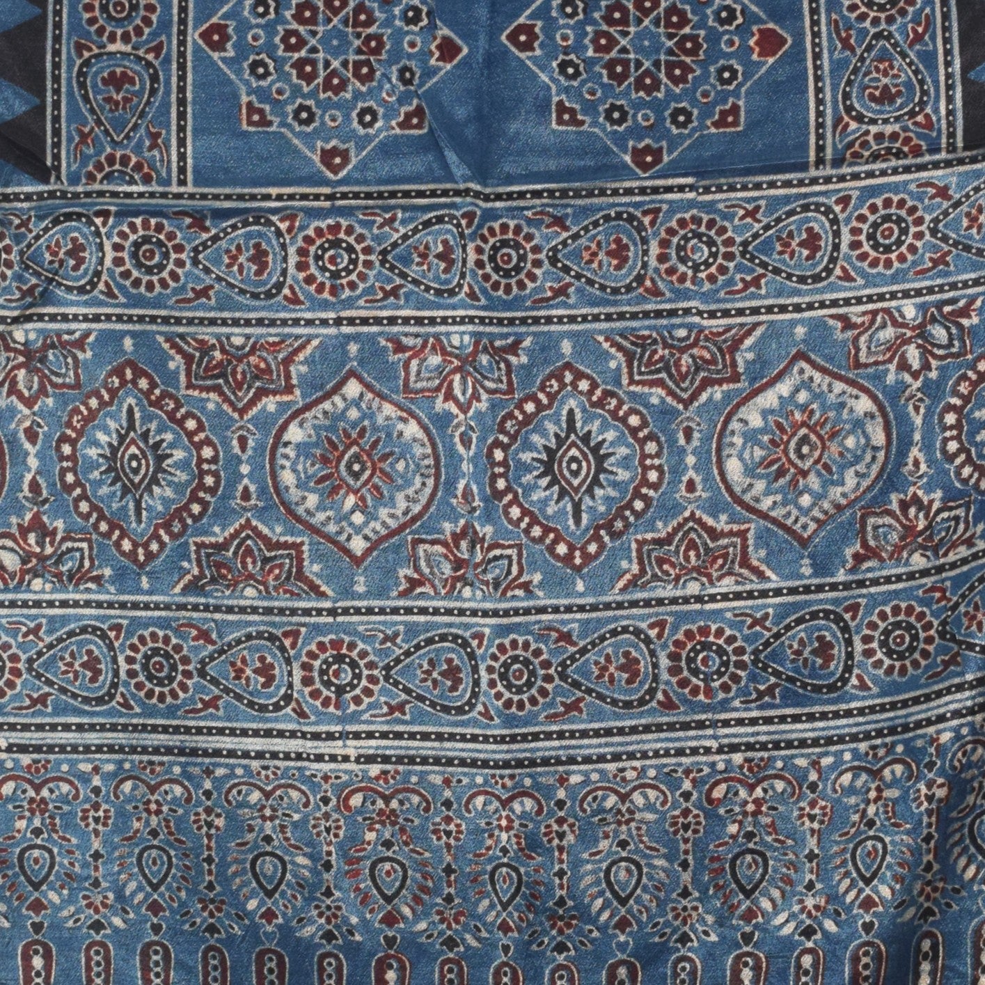 Ajrakh Mashru Silk Natural Dye Hand Block Print Stole With Tassels - 2 Mtr Length   -  SKU : AI0770BD