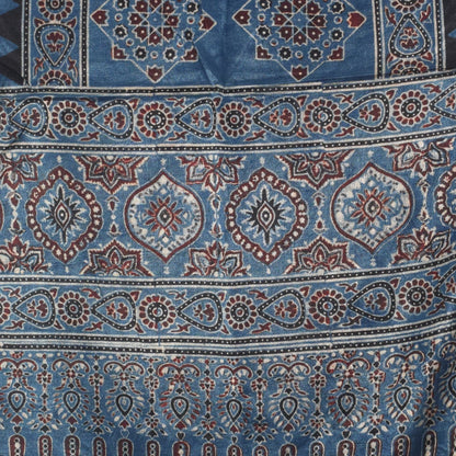 Ajrakh Mashru Silk Natural Dye Hand Block Print Stole With Tassels - 2 Mtr Length   -  SKU : AI0770BD