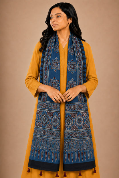 Ajrakh Mashru Silk Natural Dye Hand Block Print Stole With Tassels - 2 Mtr Length   -  SKU : AI0770BD