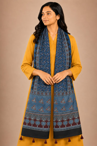 Ajrakh Mashru Silk Natural Dye Hand Block Print Stole With Tassels - 2 Mtr Length   -  SKU : AI0770BJ