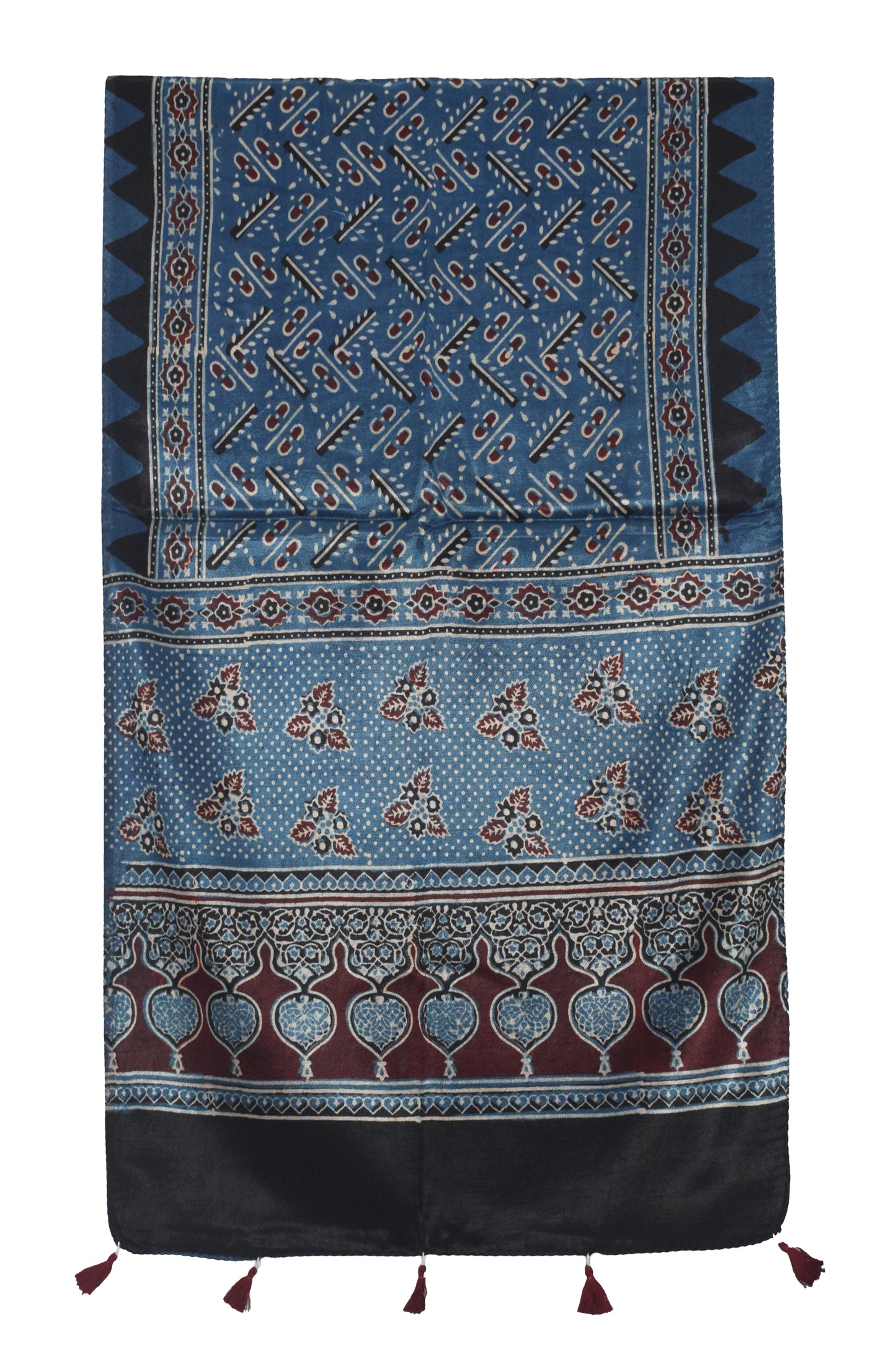 Ajrakh Mashru Silk Natural Dye Hand Block Print Stole With Tassels - 2 Mtr Length   -  SKU : AI0770BJ