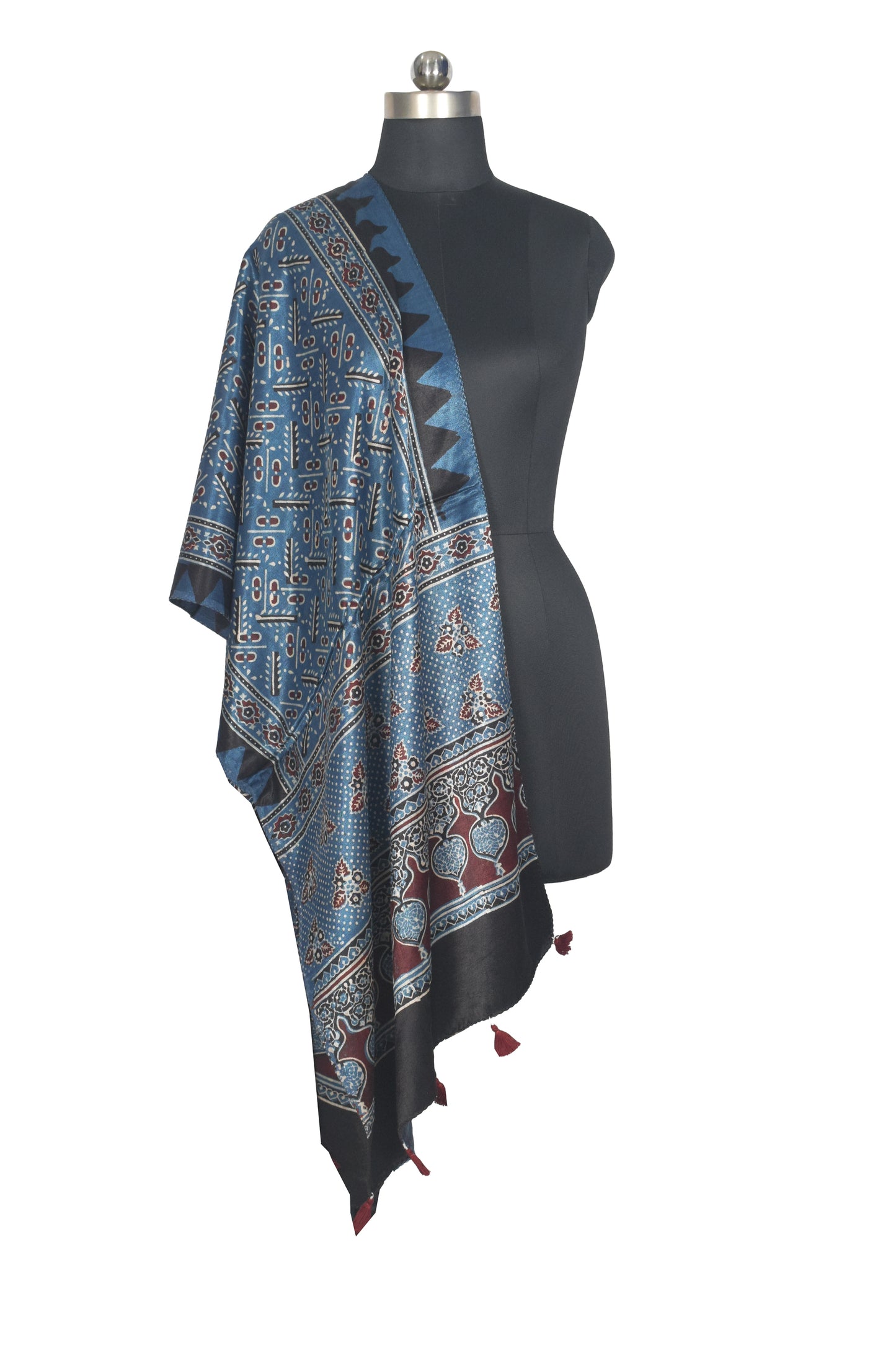Ajrakh Mashru Silk Natural Dye Hand Block Print Stole With Tassels - 2 Mtr Length   -  SKU : AI0770BJ