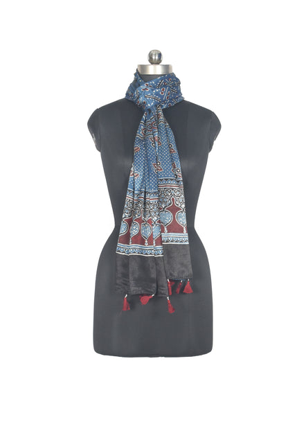Ajrakh Mashru Silk Natural Dye Hand Block Print Stole With Tassels - 2 Mtr Length   -  SKU : AI0770BJ