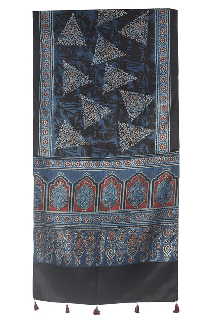 Ajrakh Mashru Silk Natural Dye Hand Block Print Stole With Tassels - 2 Mtr Length    -  SKU : AI21702C
