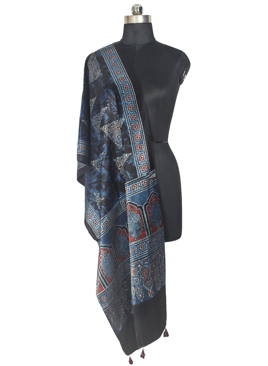 Ajrakh Mashru Silk Natural Dye Hand Block Print Stole With Tassels - 2 Mtr Length - SKU : AI21702C