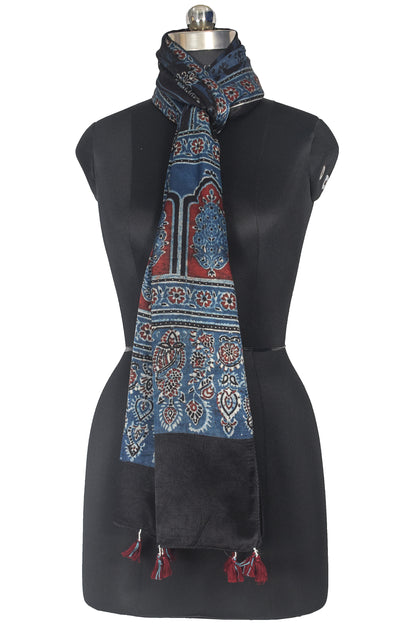 Ajrakh Mashru Silk Natural Dye Hand Block Print Stole With Tassels - 2 Mtr Length    -  SKU : AI21702C