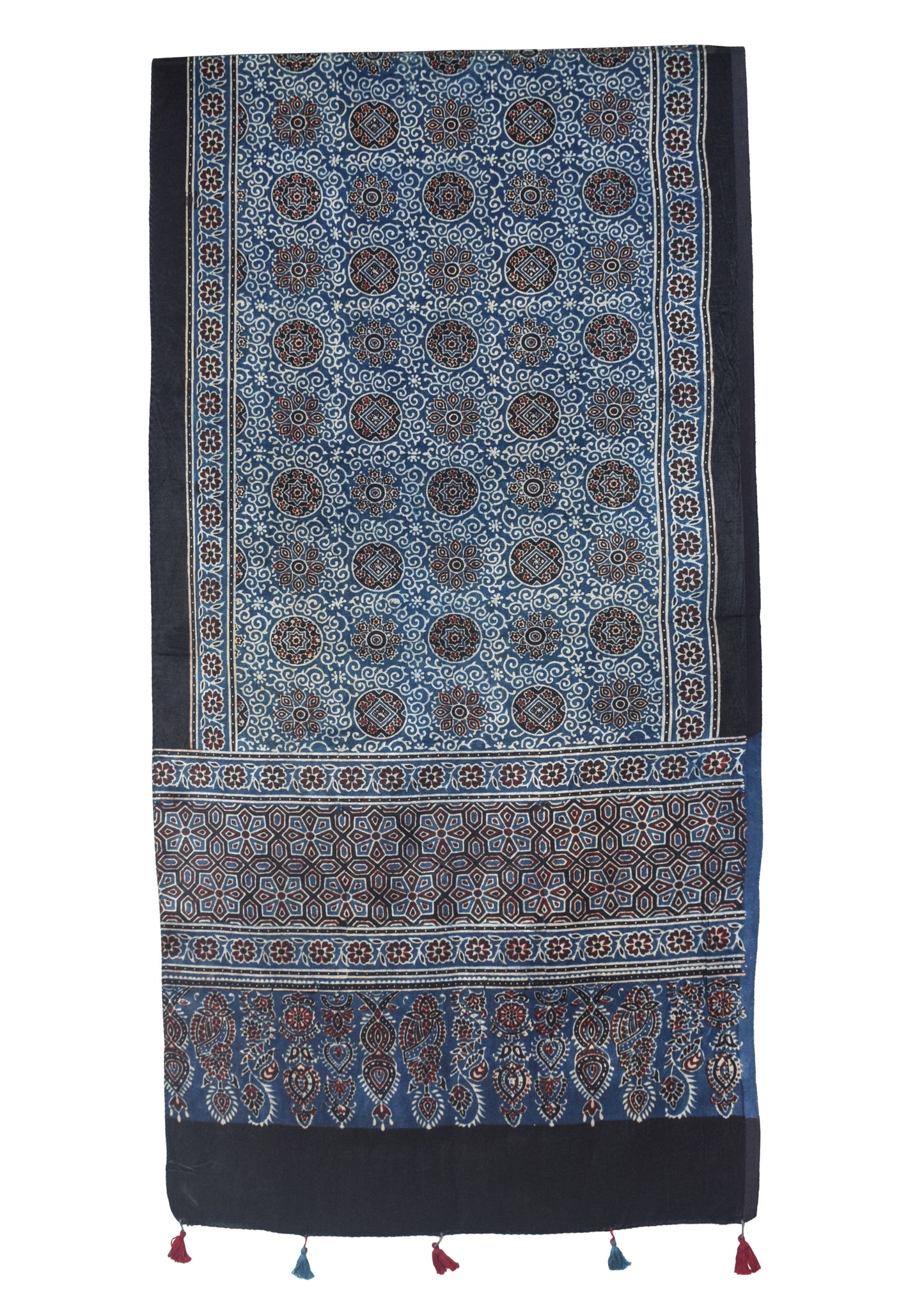 Ajrakh Mashru Silk Natural Dye Hand Block Print Stole With Tassels - 2 Mtr Length    -  SKU : EK0460AE