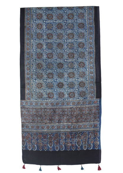 Ajrakh Mashru Silk Natural Dye Hand Block Print Stole With Tassels - 2 Mtr Length    -  SKU : EK0460AE