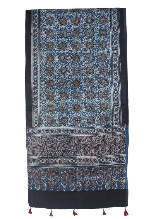 Ajrakh Mashru Silk Natural Dye Hand Block Print Stole With Tassels - 2 Mtr Length    -  SKU : EK0460AE