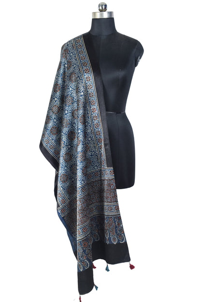 Ajrakh Mashru Silk Natural Dye Hand Block Print Stole With Tassels - 2 Mtr Length    -  SKU : EK0460AE