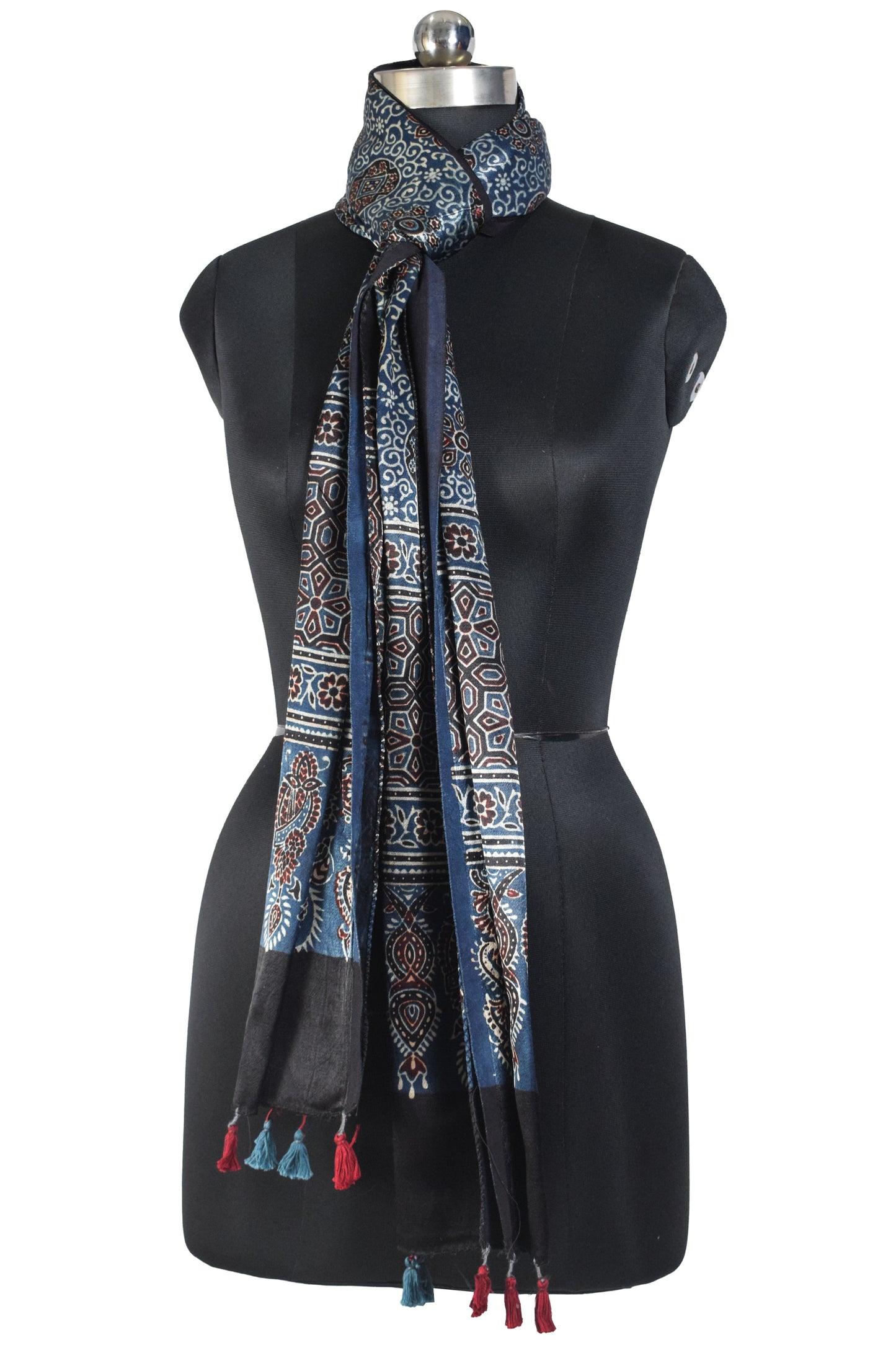 Ajrakh Mashru Silk Natural Dye Hand Block Print Stole With Tassels - 2 Mtr Length    -  SKU : EK0460AE