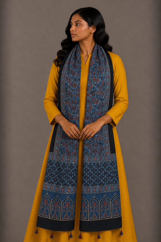 Ajrakh Mashru Silk Natural Dye Hand Block Print Stole With Tassels - 2 Mtr Length    -  SKU : MS10B01N