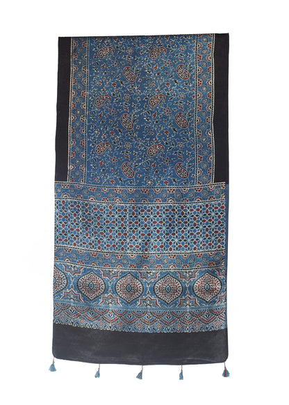 Ajrakh Mashru Silk Natural Dye Hand Block Print Stole With Tassels - 2 Mtr Length    -  SKU : MS10B01N