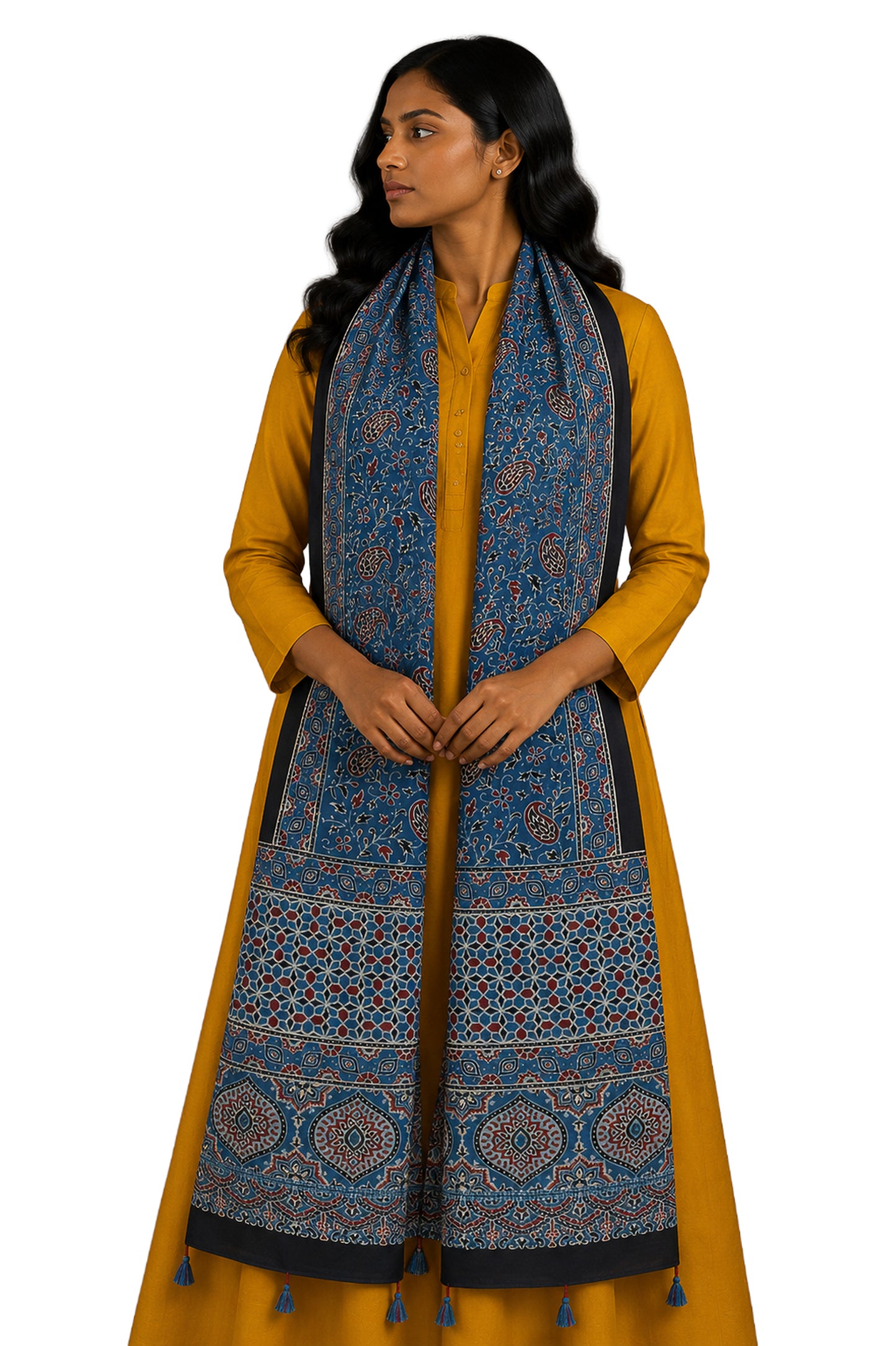 Ajrakh Mashru Silk Natural Dye Hand Block Print Stole With Tassels - 2 Mtr Length    -  SKU : MS10B01N