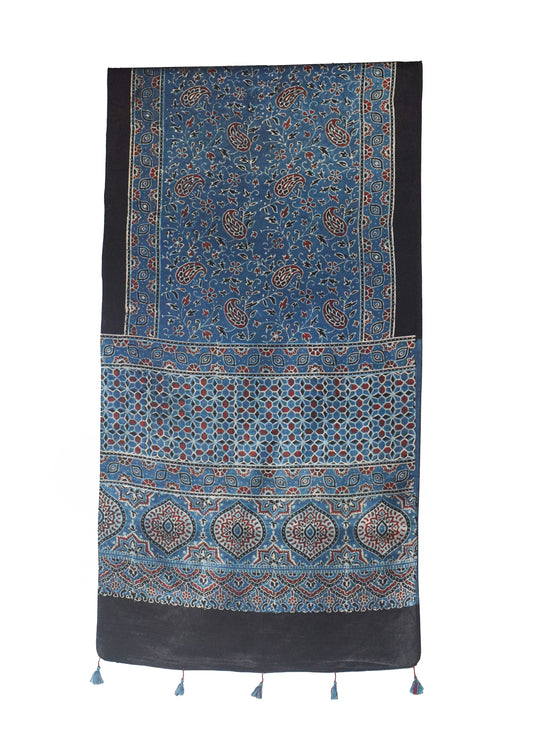 Ajrakh Mashru Silk Natural Dye Hand Block Print Stole With Tassels - 2 Mtr Length - SKU : MS10B01N