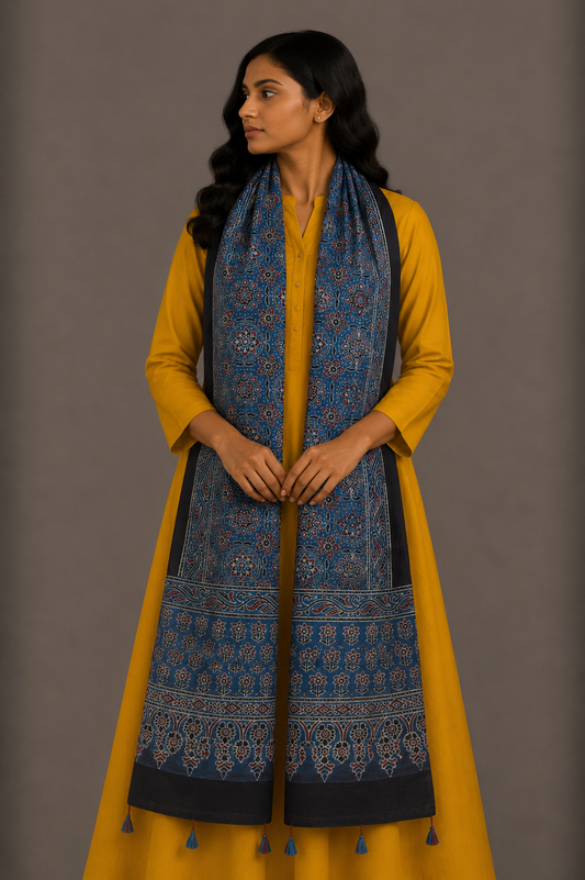 Ajrakh Mashru Silk Natural Dye Hand Block Print Stole With Tassels - 2 Mtr Length    -  SKU : MS10B01O