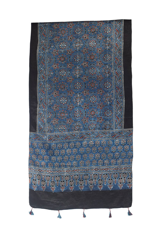 Ajrakh Mashru Silk Natural Dye Hand Block Print Stole With Tassels - 2 Mtr Length    -  SKU : MS10B01O