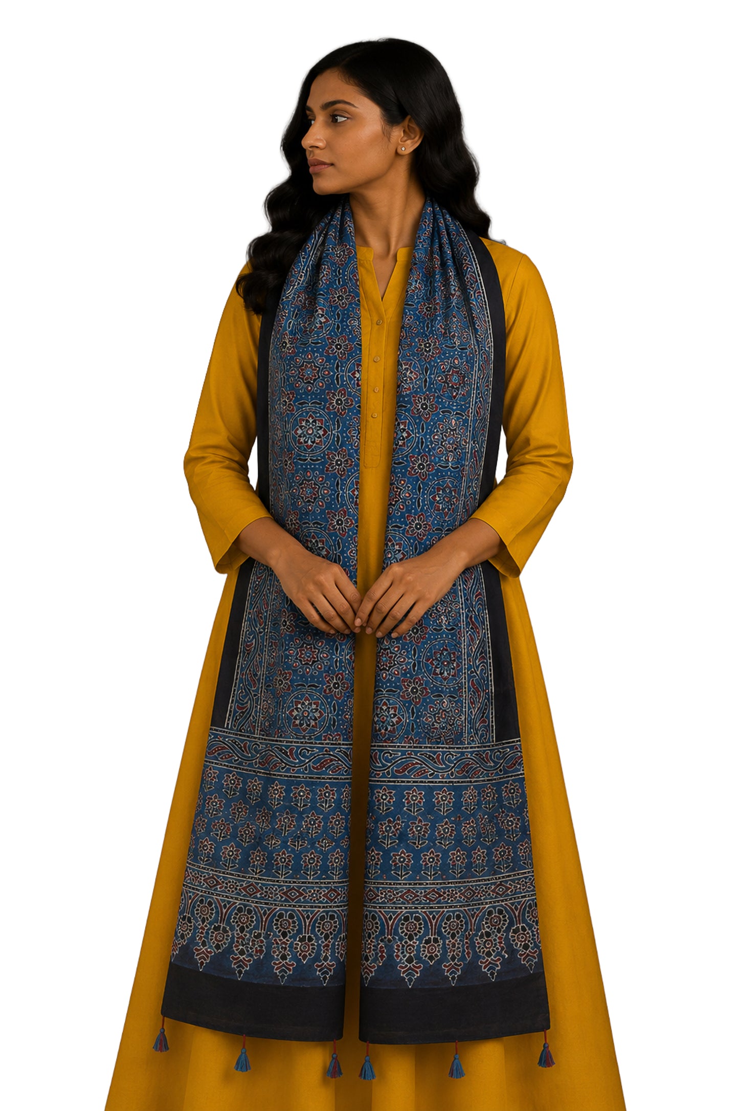 Ajrakh Mashru Silk Natural Dye Hand Block Print Stole With Tassels - 2 Mtr Length    -  SKU : MS10B01O