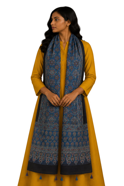 Ajrakh Mashru Silk Natural Dye Hand Block Print Stole With Tassels - 2 Mtr Length    -  SKU : MS10B01O