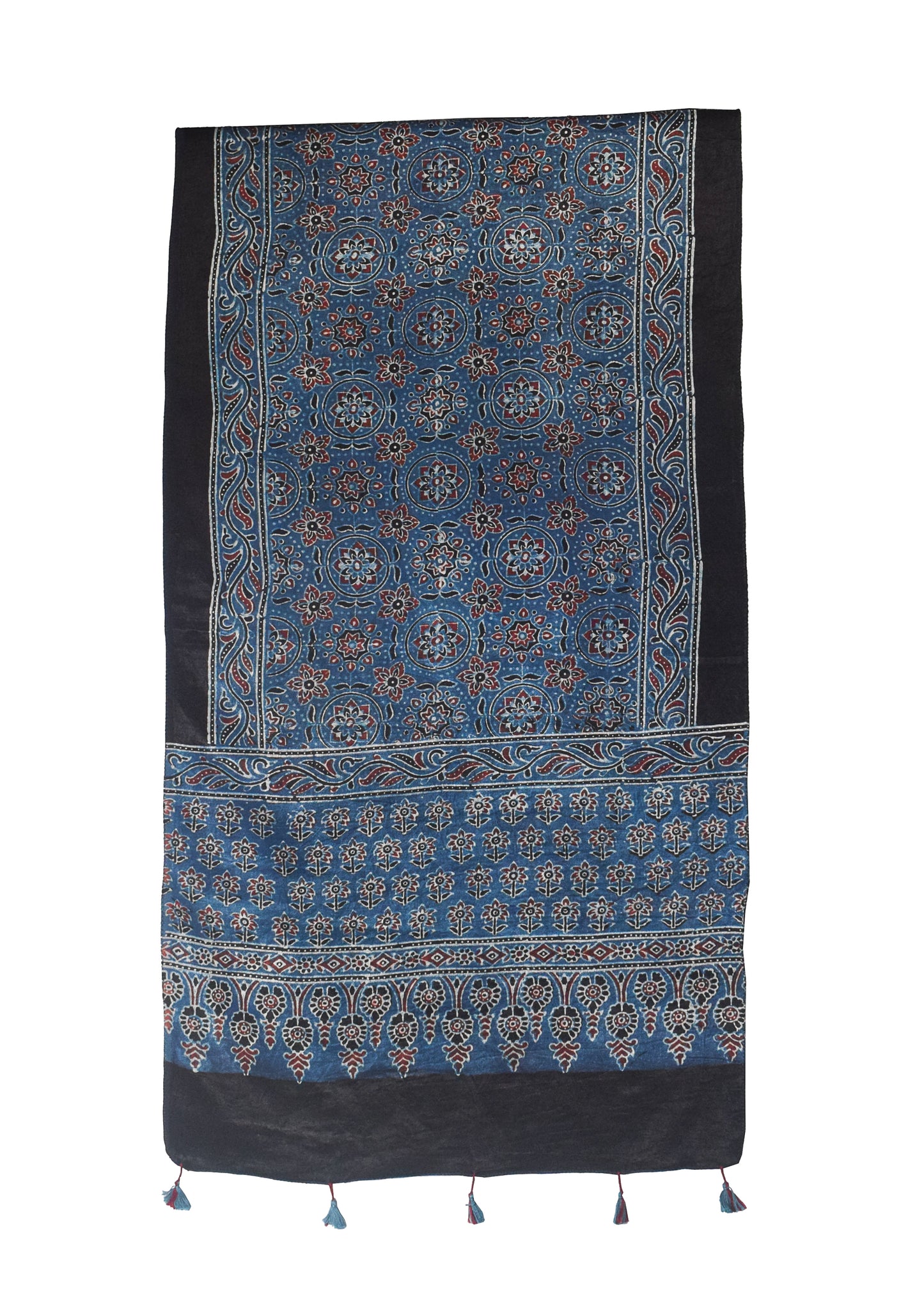 Ajrakh Mashru Silk Natural Dye Hand Block Print Stole With Tassels - 2 Mtr Length    -  SKU : MS10B01O