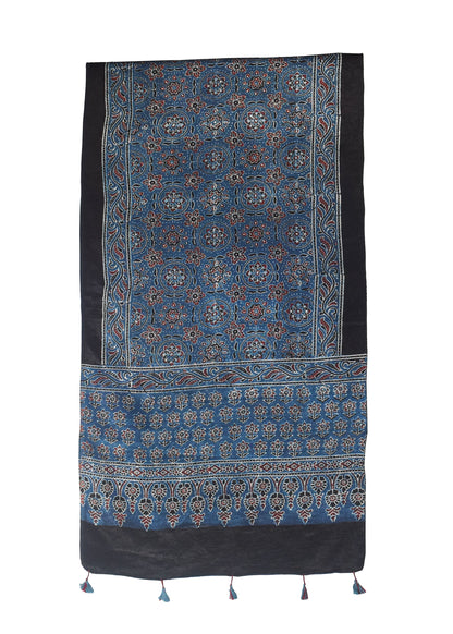 Ajrakh Mashru Silk Natural Dye Hand Block Print Stole With Tassels - 2 Mtr Length    -  SKU : MS10B01O
