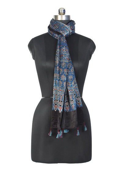 Ajrakh Mashru Silk Natural Dye Hand Block Print Stole With Tassels - 2 Mtr Length    -  SKU : MS10B01O