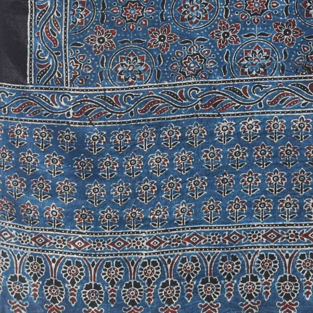 Ajrakh Mashru Silk Natural Dye Hand Block Print Stole With Tassels - 2 Mtr Length    -  SKU : MS10B01O