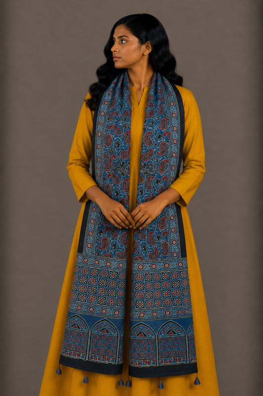 Ajrakh Mashru Silk Natural Dye Hand Block Print Stole With Tassels - 2 Mtr Length    -  SKU : MS10B01P