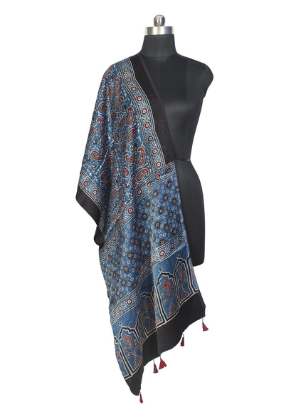 Ajrakh Mashru Silk Natural Dye Hand Block Print Stole With Tassels - 2 Mtr Length    -  SKU : MS10B01P